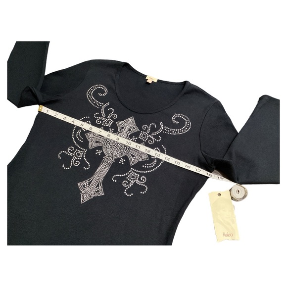 Reba Front & Back Rhinestone Cross Long Sleeves Round Neck Black Tee Shirt Sz LG - Picture 5 of 11